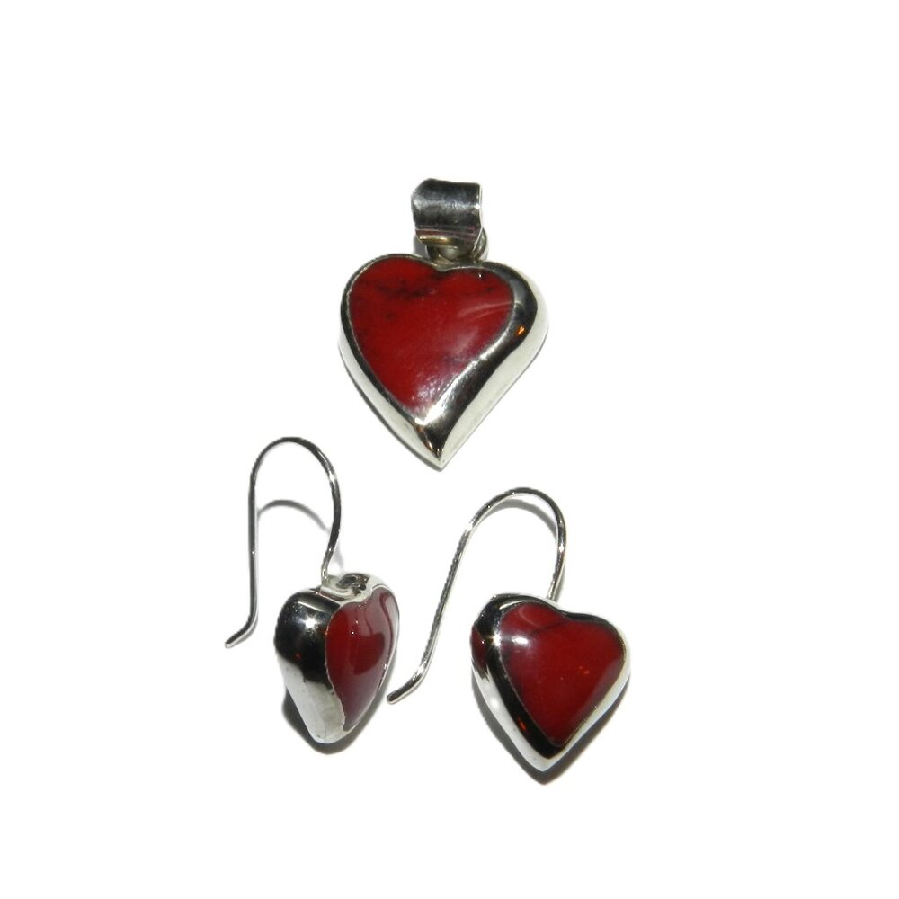 ATI Red Jasper Sterling Silver Mexico Earrings And Heart Shape Pendant Very Rare